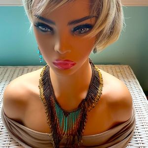 Handmade Beaded necklace. Turquoise, gold hues, and brown. Complimentary
